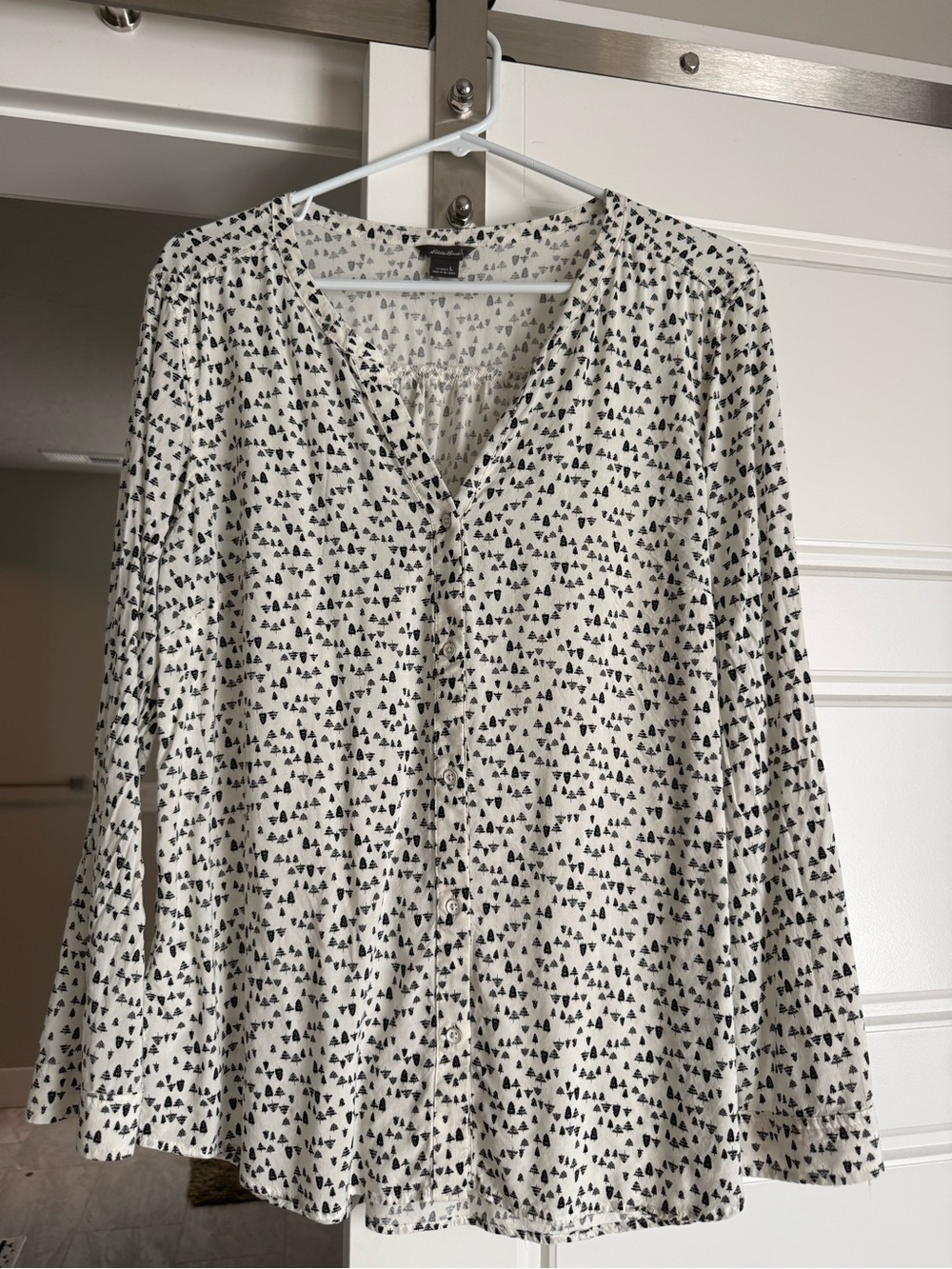 Eddie Bauer Cream Button-Front Top with Black Christmas Tree Print